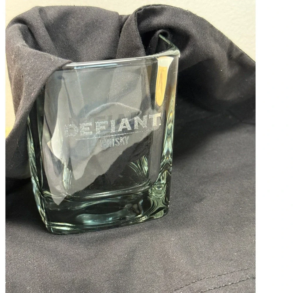 Defiant Whisky Square Rocks Glass Etched Logo Clear Heavy Base Barware 4in